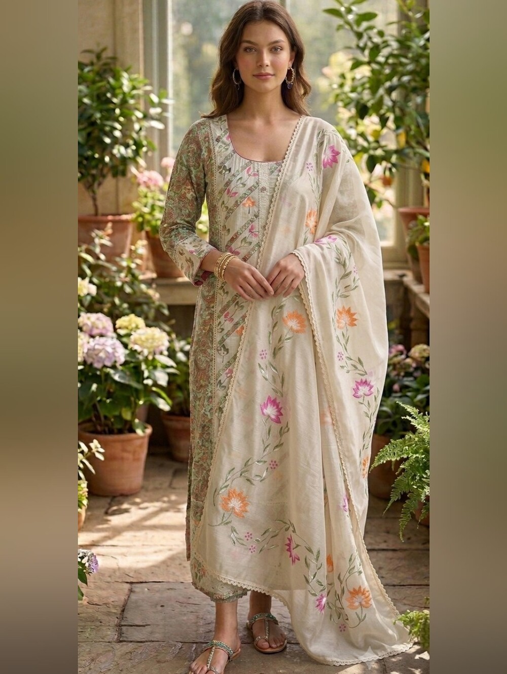 Ivory Floral Embroidered Women's Kurta & Pant with Dupatta